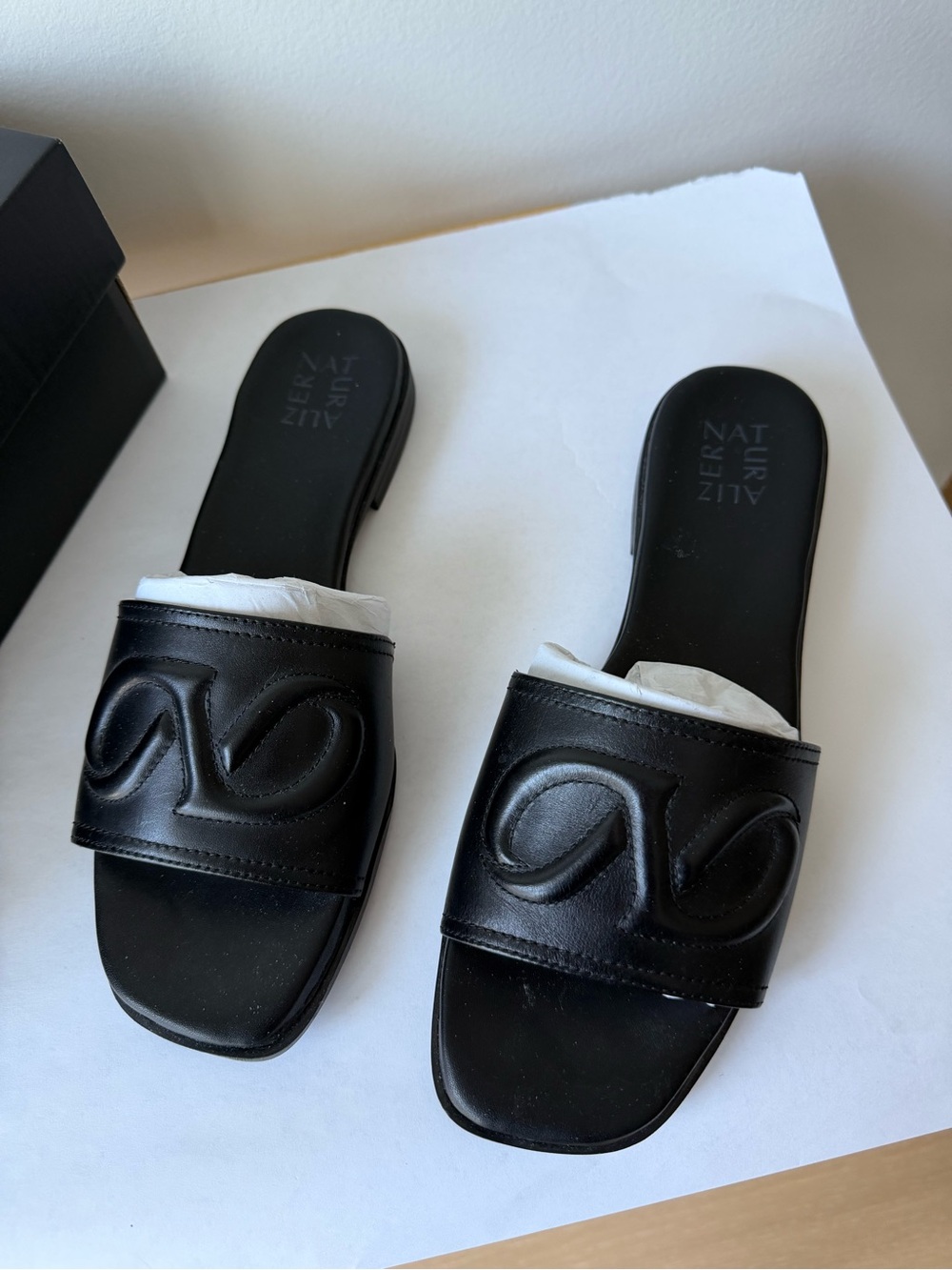 Naturalizer Black Leather Slide Mules with Sculpted Overlay
